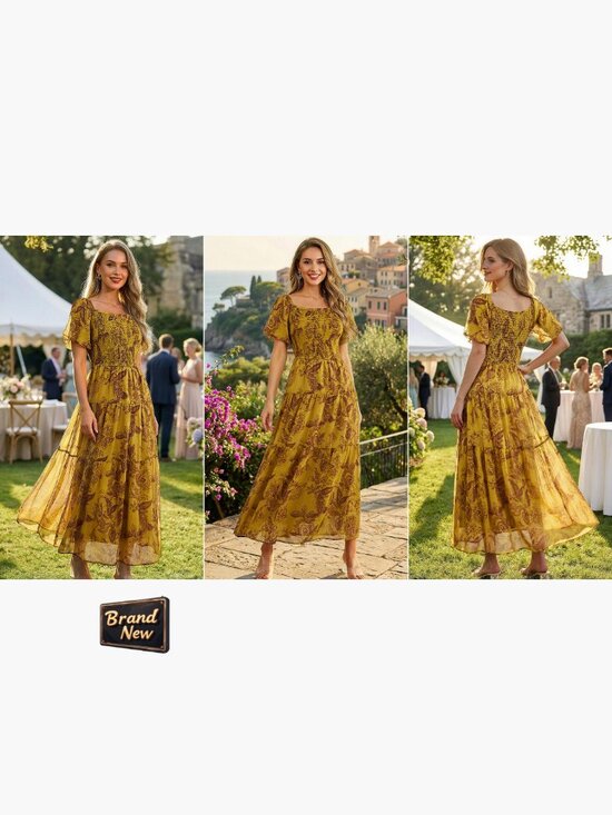 Maxi Dress Square Neck Puff Sleeve Flowy A-Line Summer Casual Boho - Picture 7 of 7